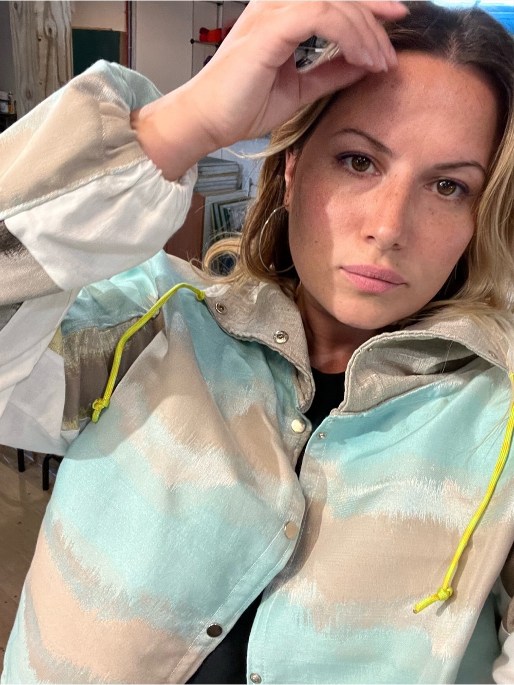 Women's Aqua & Beige Funnel Neck Jacket